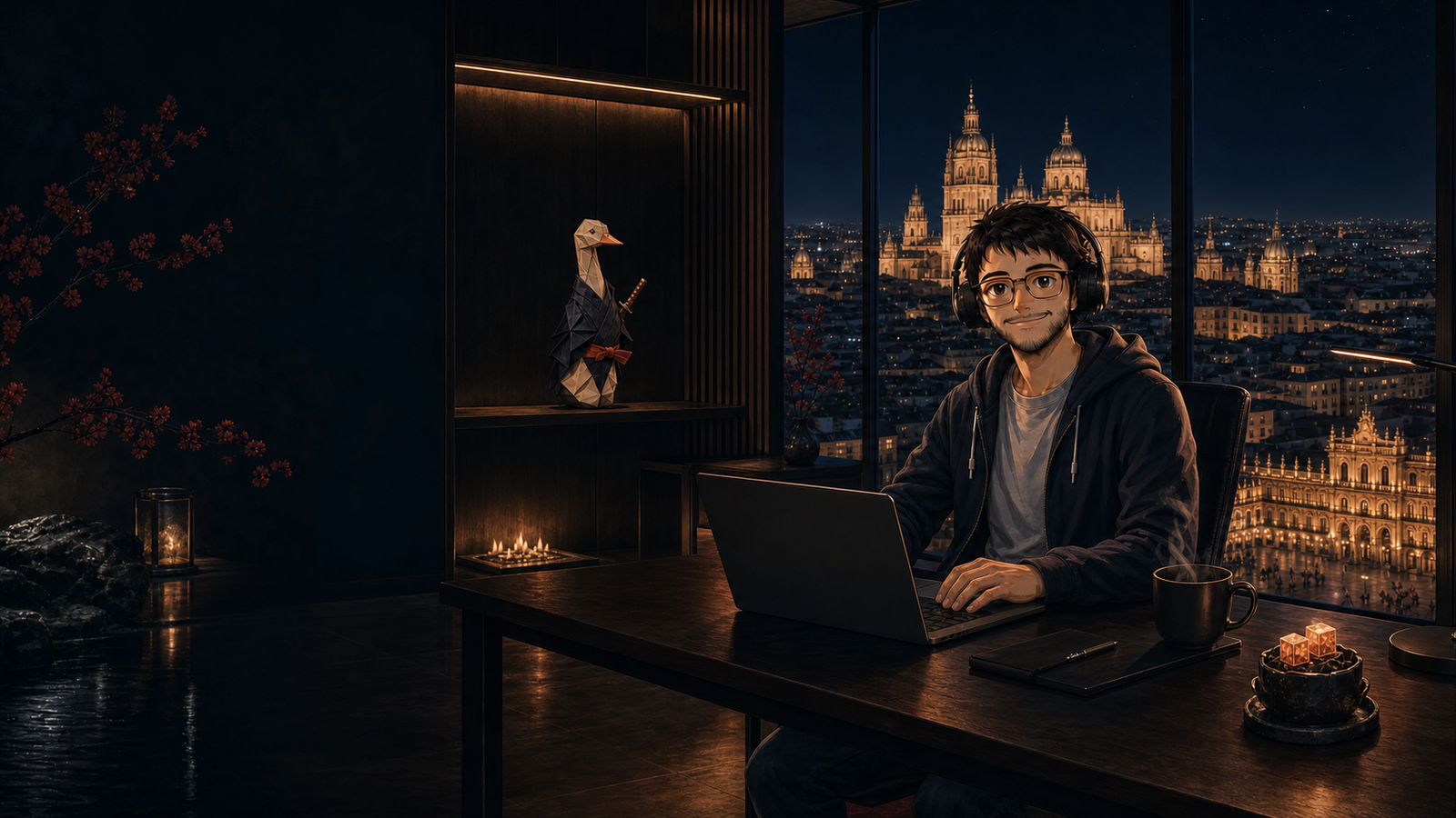 Ilustración nocturna del espacio de trabajo de Álvaro con Salamanca al fondo