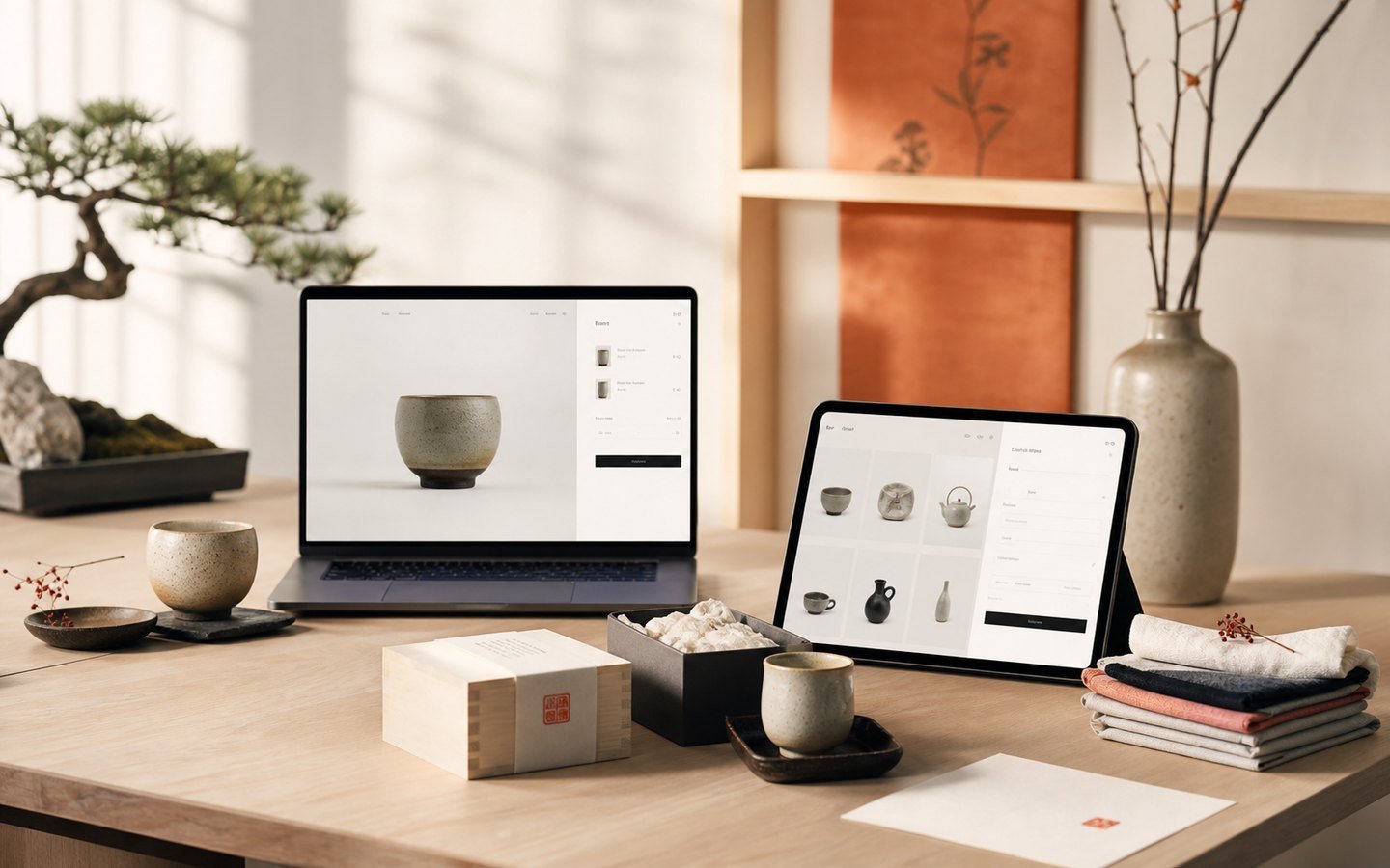 Tienda online contemporánea mostrada en un estudio de inspiración japonesa